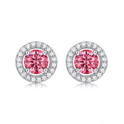 Pink Round-Shaped Sterling Silver Moissanite Stud Earrings