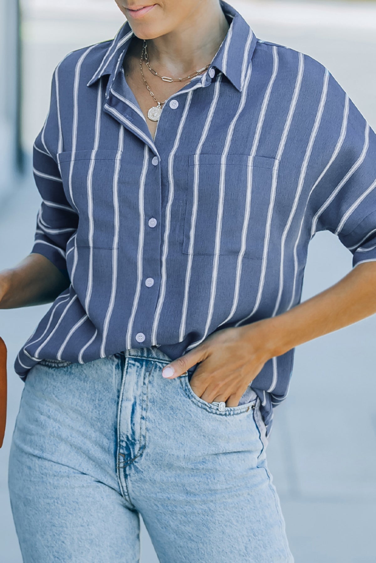 Button Up Collared Pocketed Striped Shirt