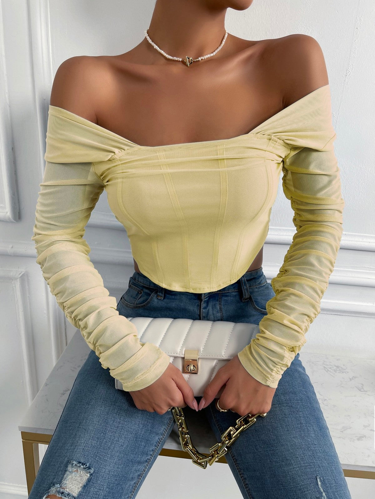 Off-Shoulder Mesh Sleeve Crop Top