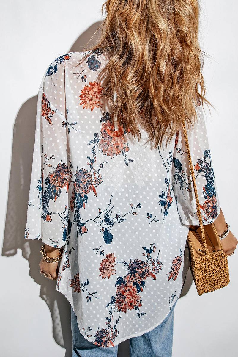 Floral Print Open Front Bell Sleeve Kimono