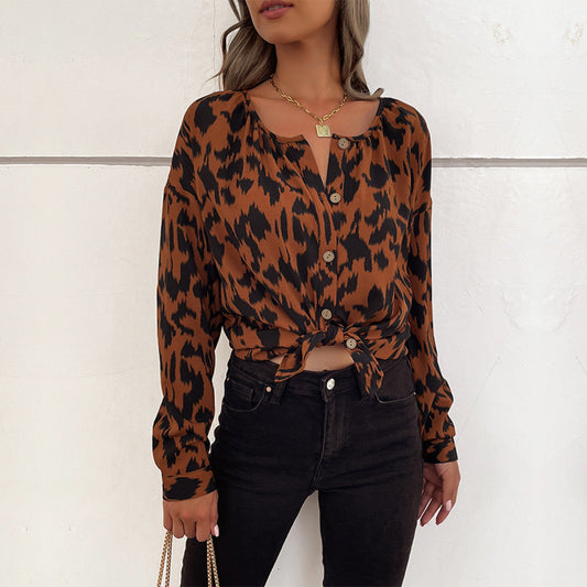 Round Neck Button Down Leopard Blouse