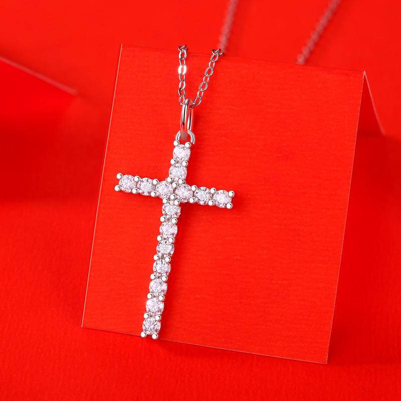 Cross-Shaped Sterling Silver Moissanite Pendant Necklace