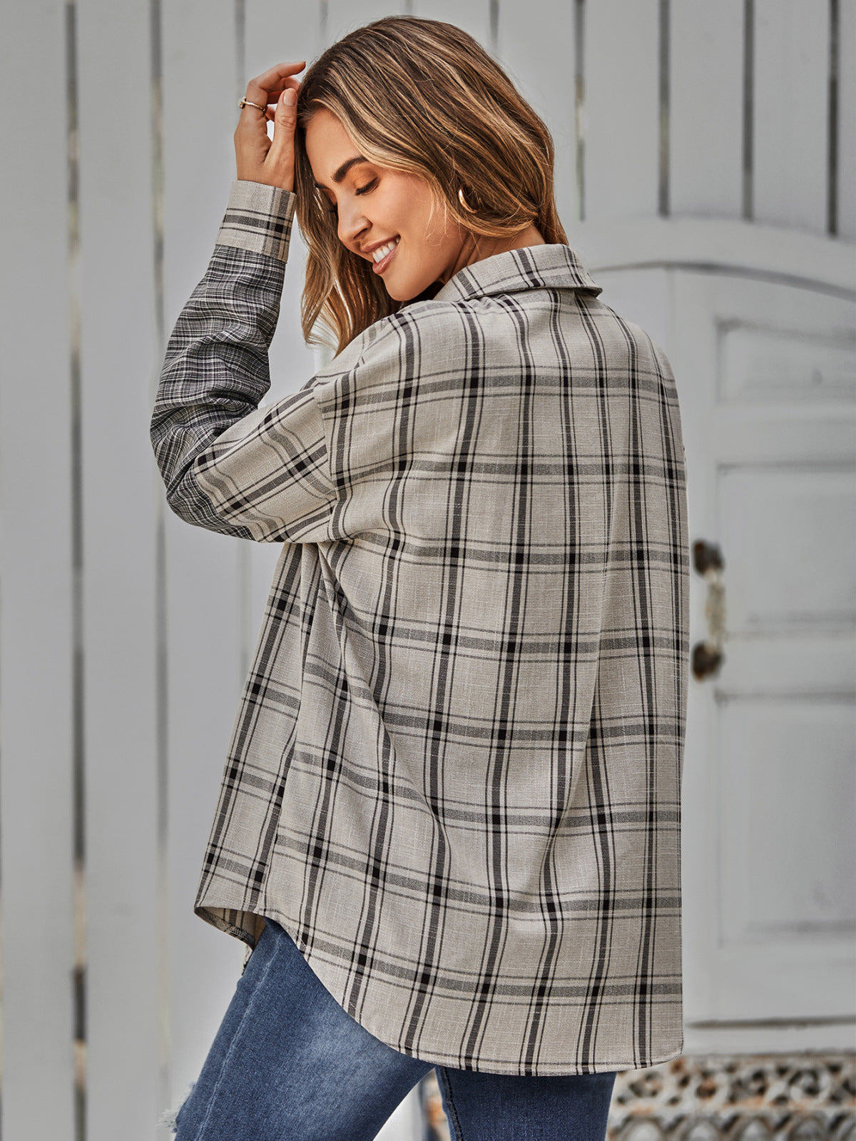 Collared Neck Long Sleeve Colorblock Plaid Blouse