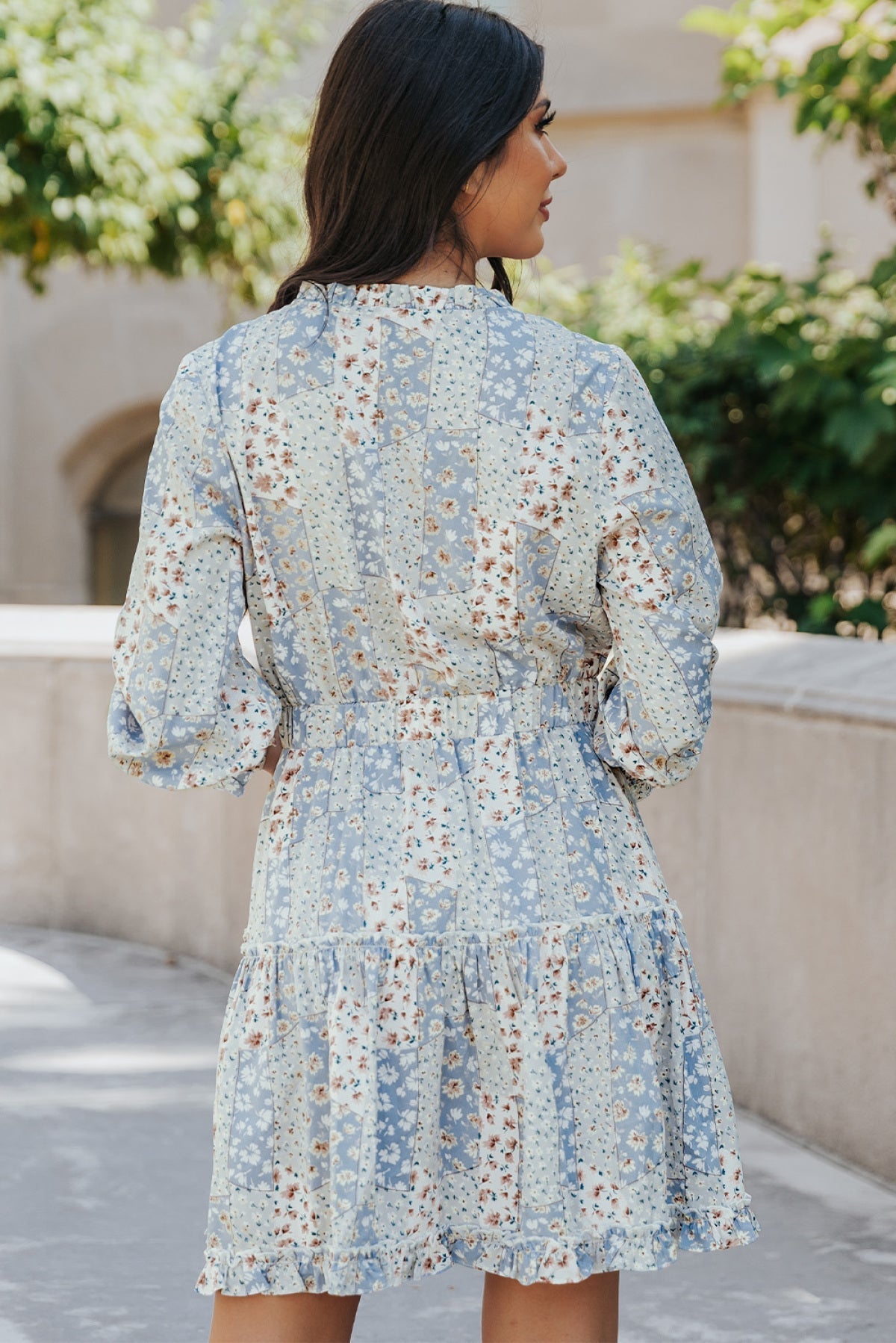 Sky Blue Floral Split V Neck Tiered Ruffle Dress