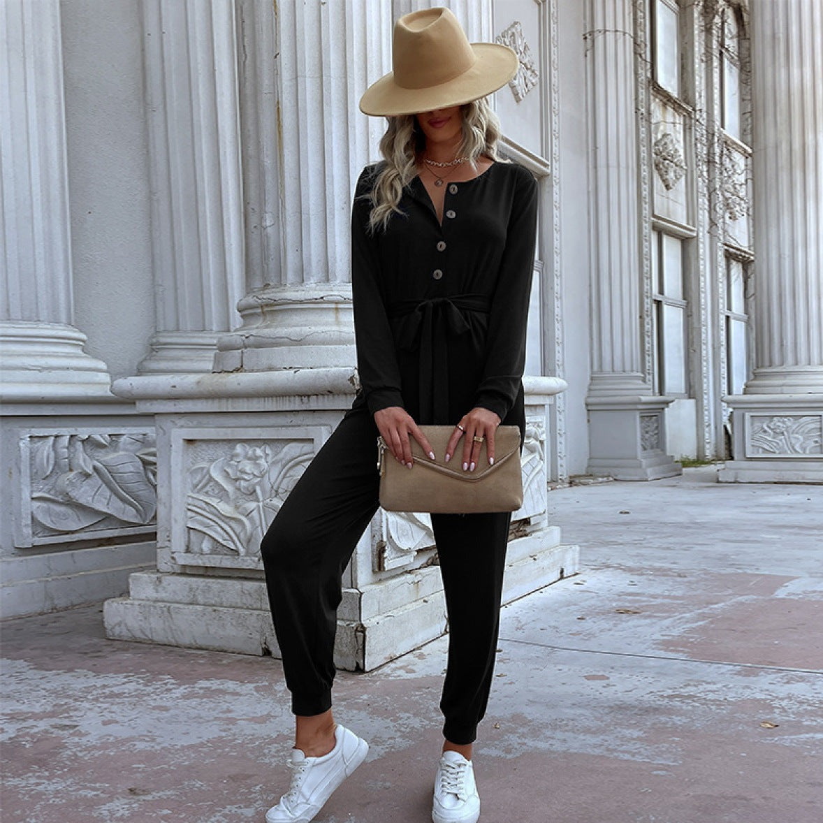 V-Neck Button Down Long-Sleeved Jumpsuit