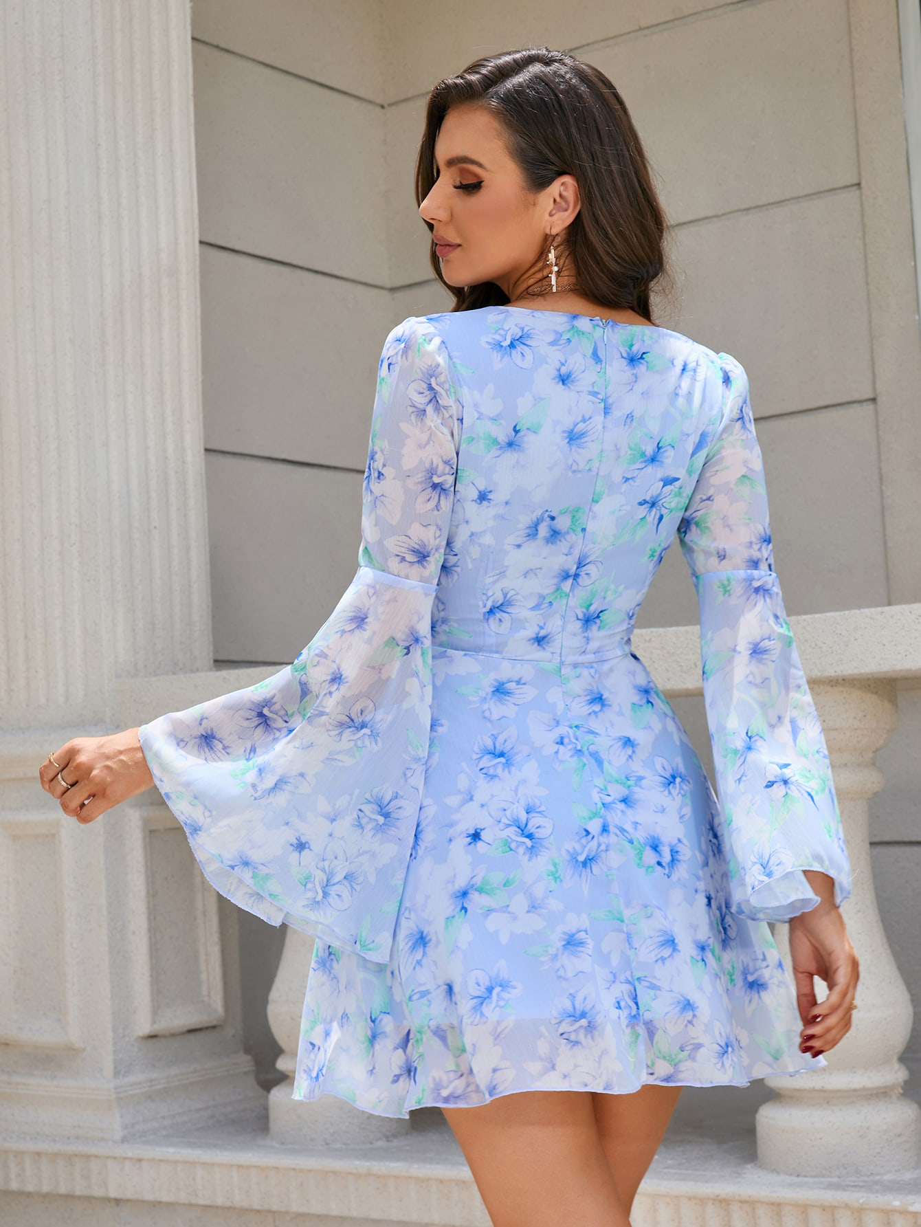 Plunging Neck Bell Sleeve Floral Dress