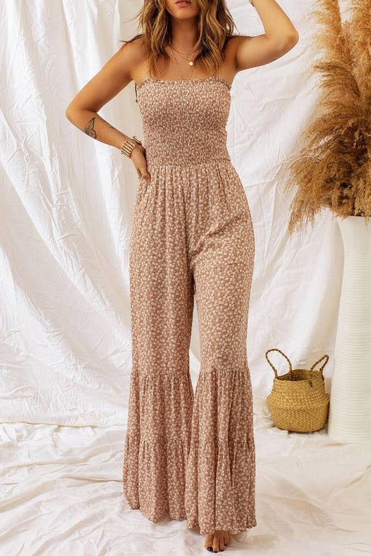 Straps Smocked Bodice Wide Leg Floral Jumpsuit