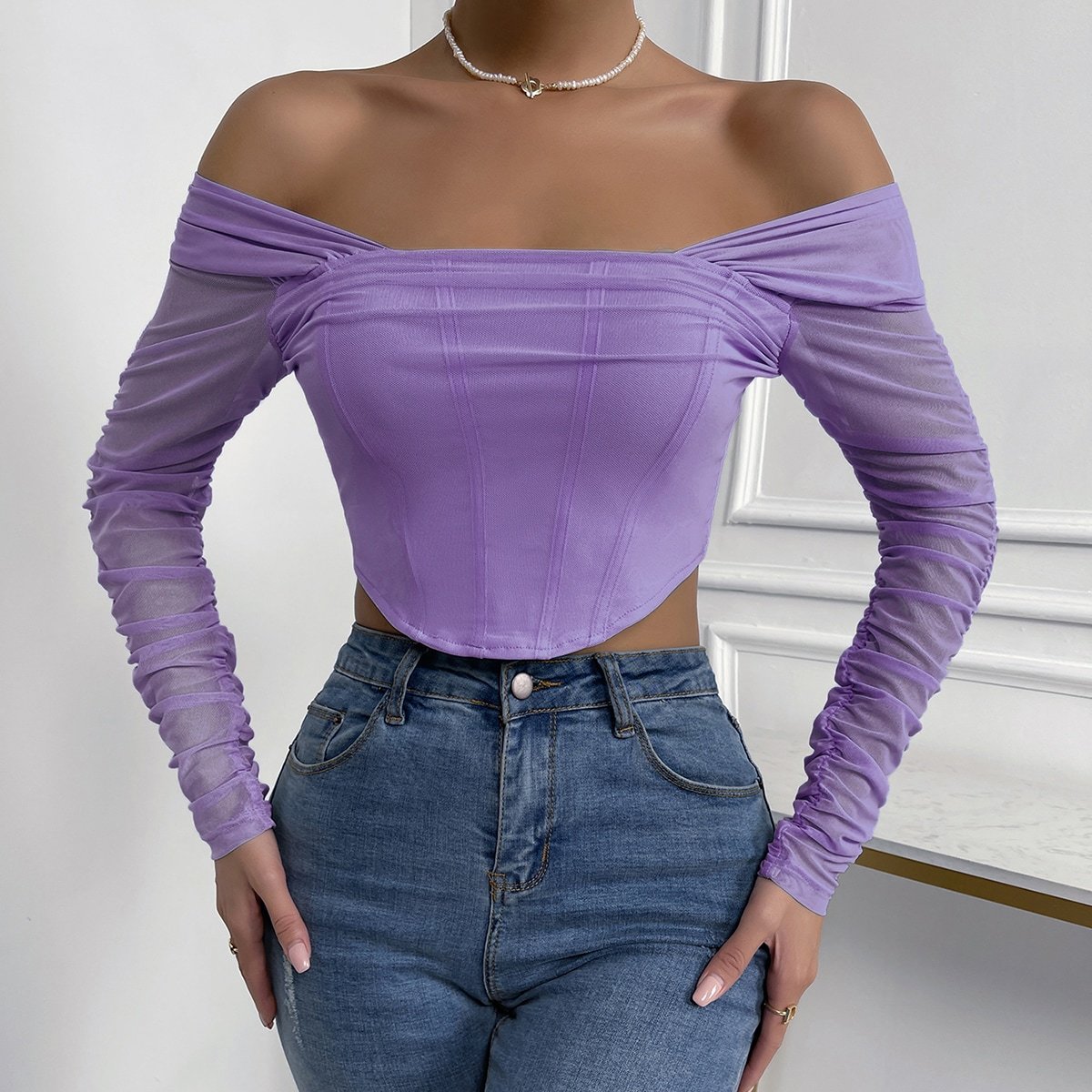 Off-Shoulder Mesh Sleeve Crop Top