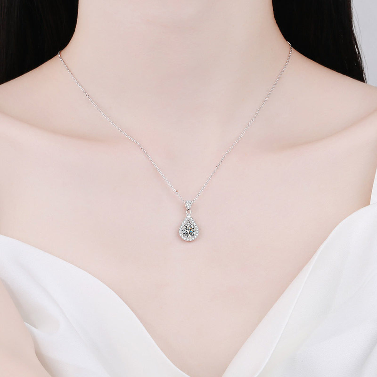 Sterling Silver Moissanite Drop-Shaped Pendant  Necklace