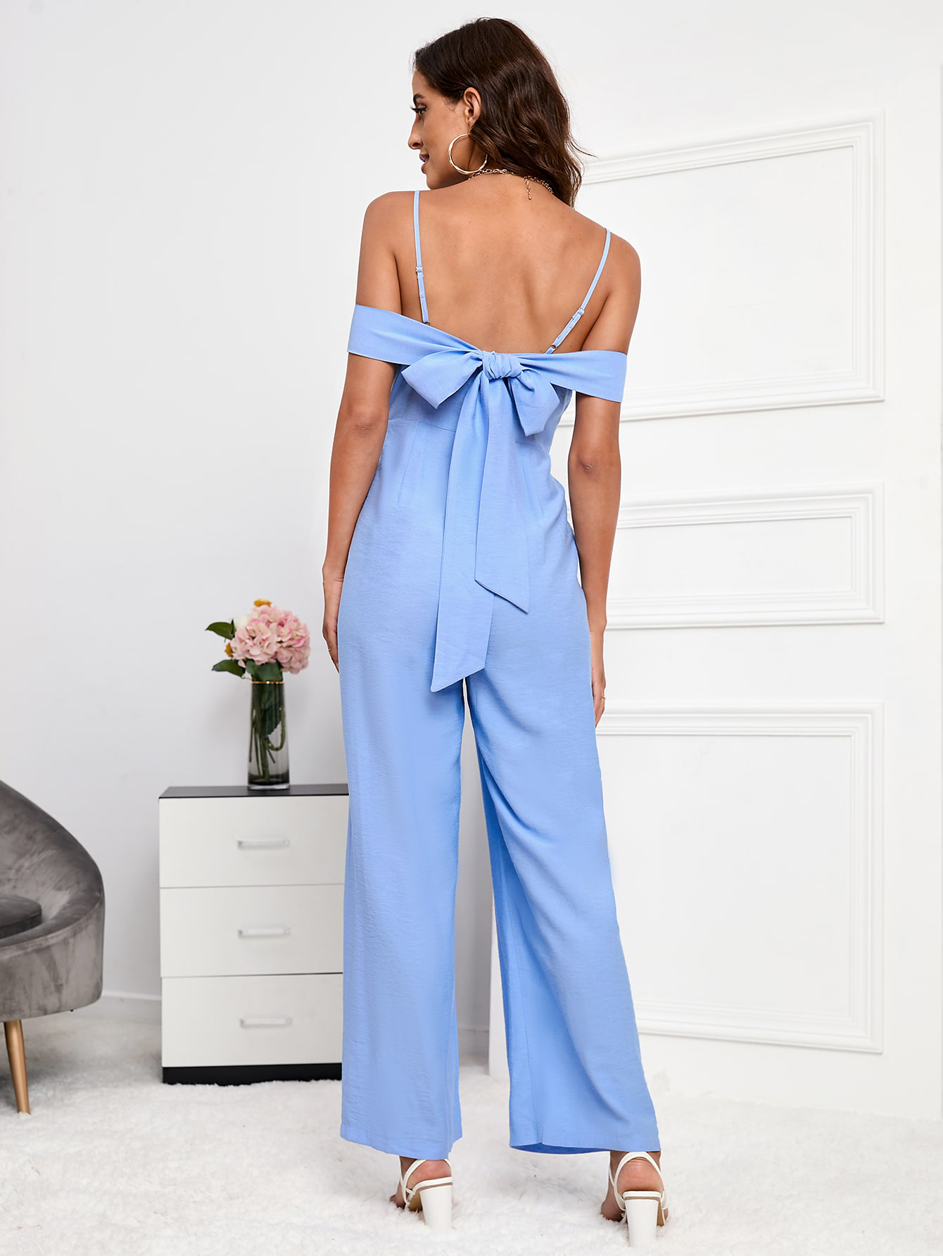 Pleated Off-Shoulder Tie Back Jumpsuit