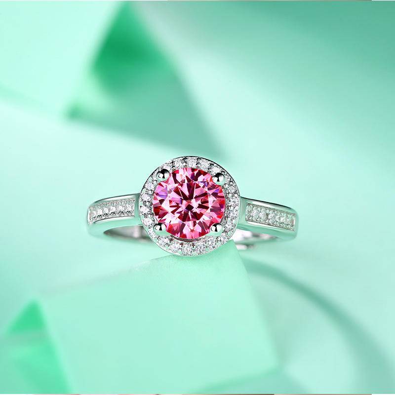 Pink Round-Shaped Sterling Silver Moissanite Adjustable Ring