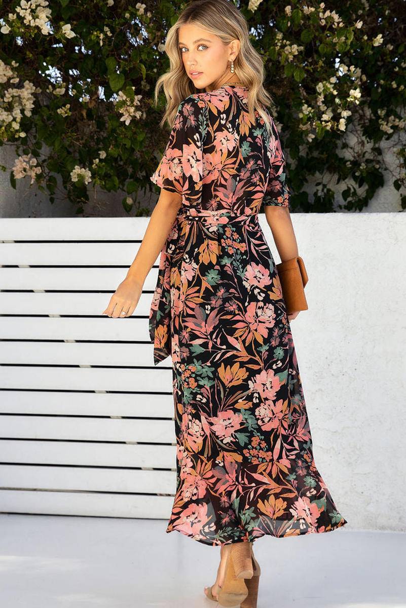 Floral Print Knotted Wrapped V Neck Maxi Dress