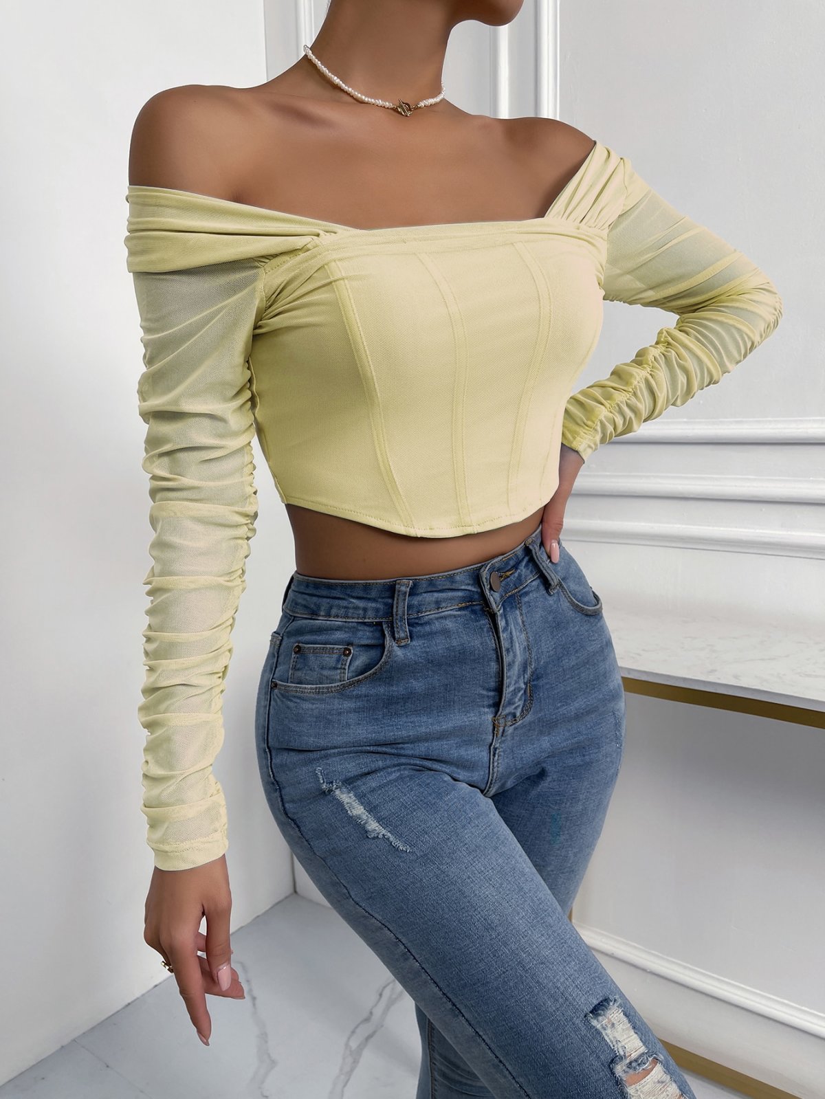 Off-Shoulder Mesh Sleeve Crop Top