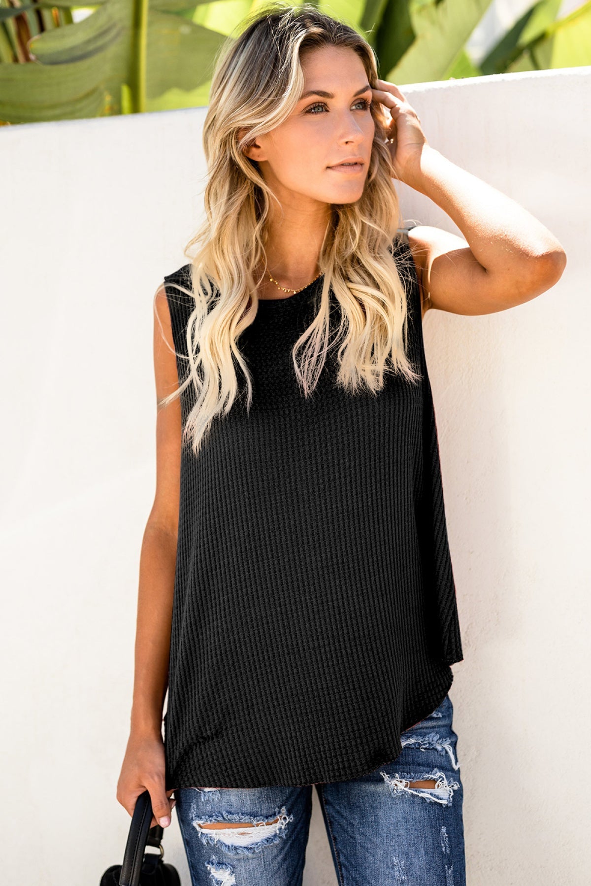 Crew Neck Waffle Tank Top