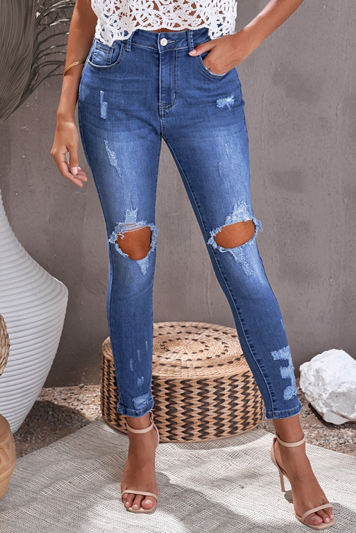 Blue Ripped Distressed High Waist Skinny Jeans