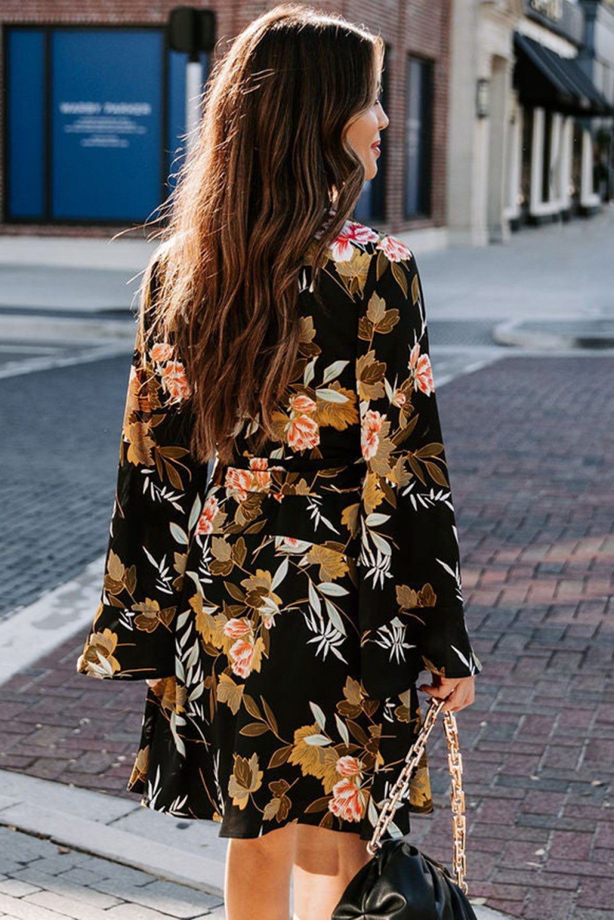 Black Palazzo Floral Ruffle Wrap Dress