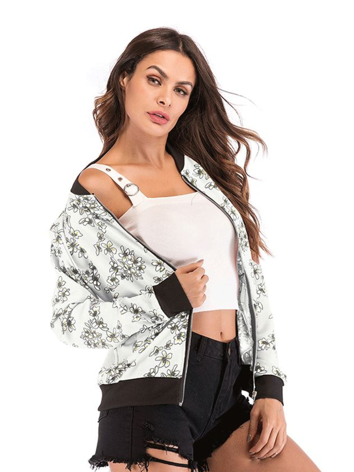 Floral Print Full Zip Baseball Jacket