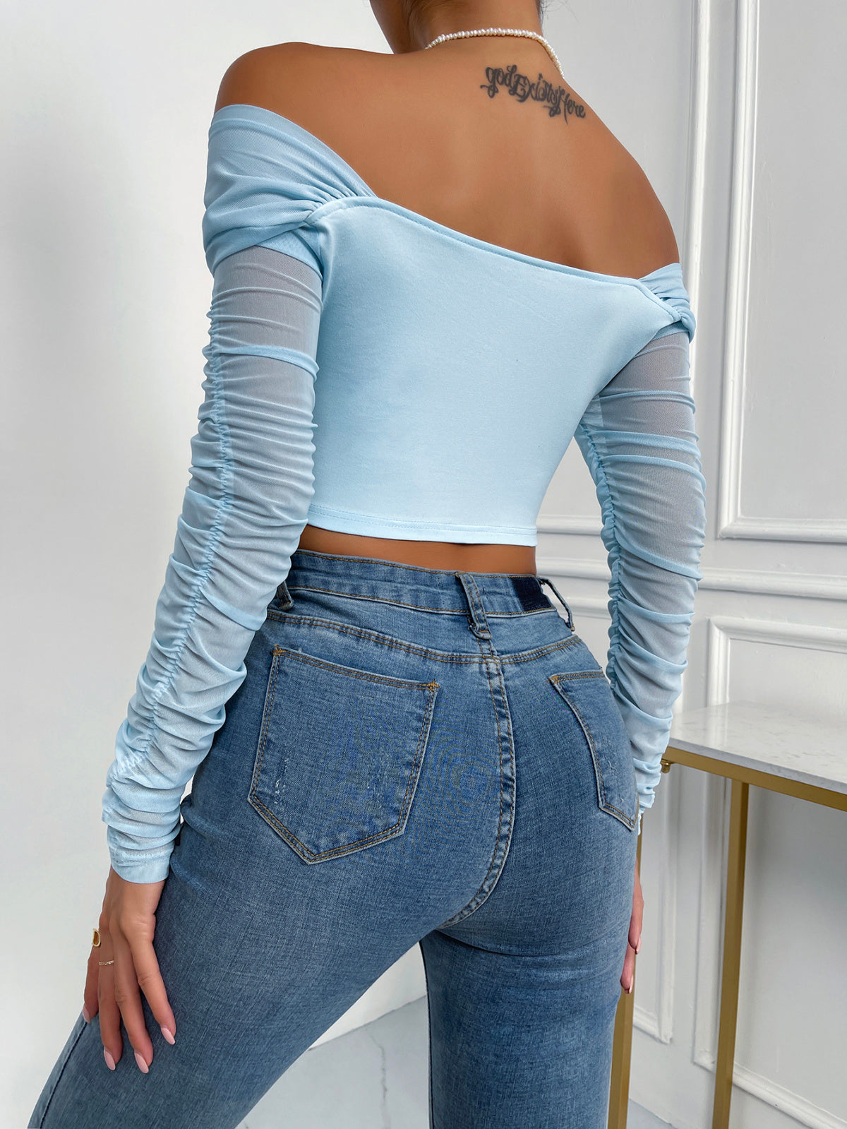 Off-Shoulder Mesh Sleeve Crop Top