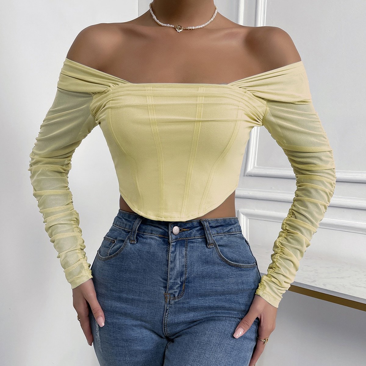 Off-Shoulder Mesh Sleeve Crop Top