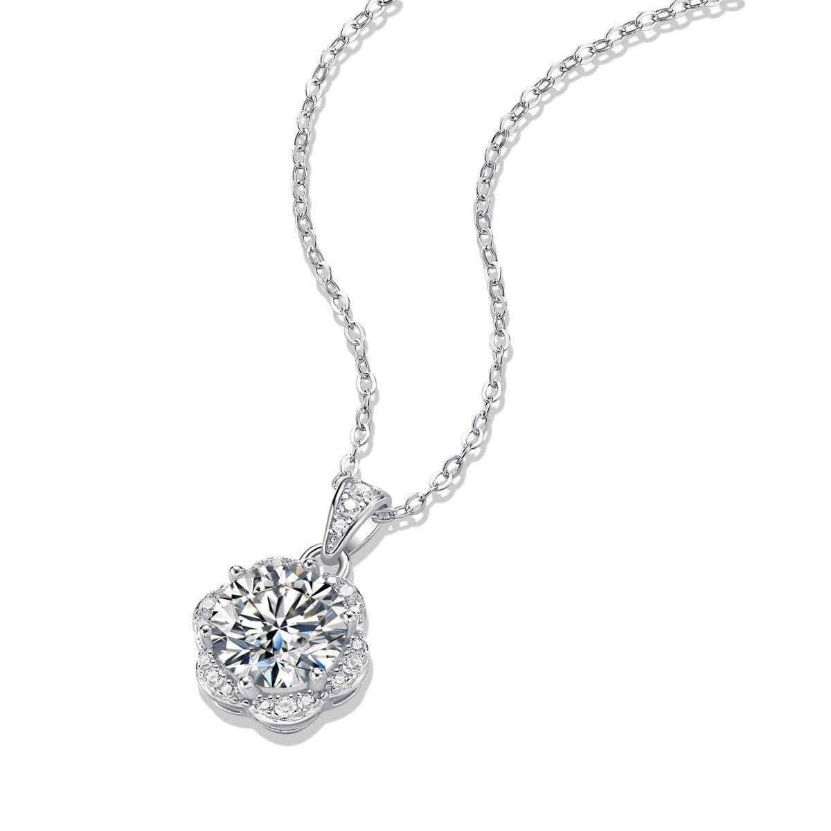 Flower-Shaped Sterling Silver Moissanite Pendant Necklace