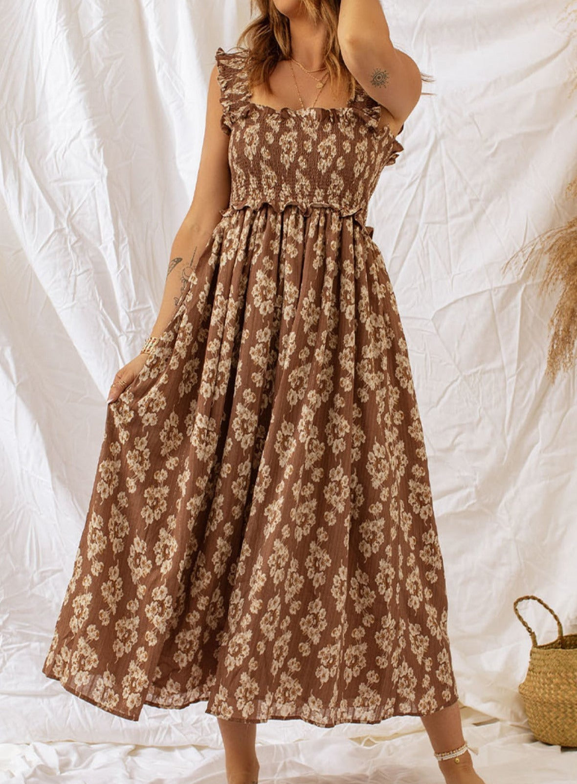 Ruffled Straps Smocked Floral Maxi Dress