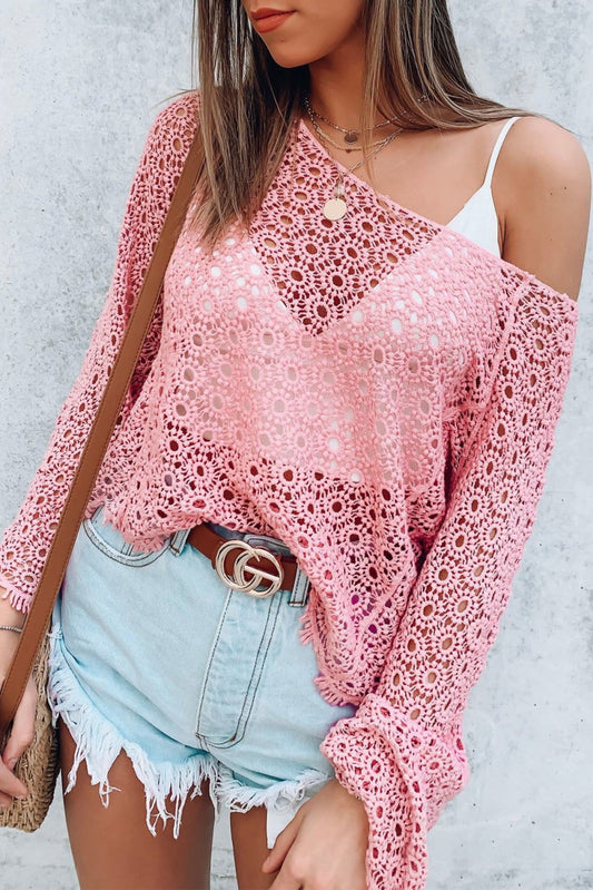 Pink Floral Pattern Hollow-Out Knit Long Sleeve Top