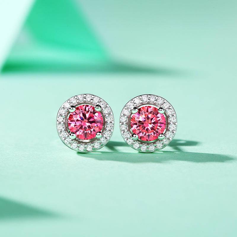 Pink Round-Shaped Sterling Silver Moissanite Stud Earrings