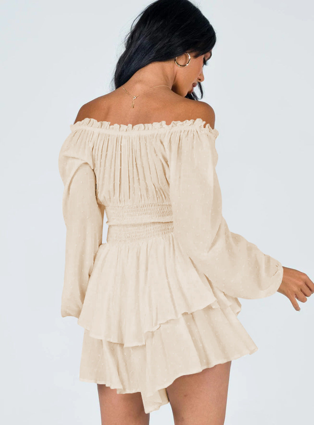 Off-Shoulder Smocked Elastic Waist Pleated Rompers