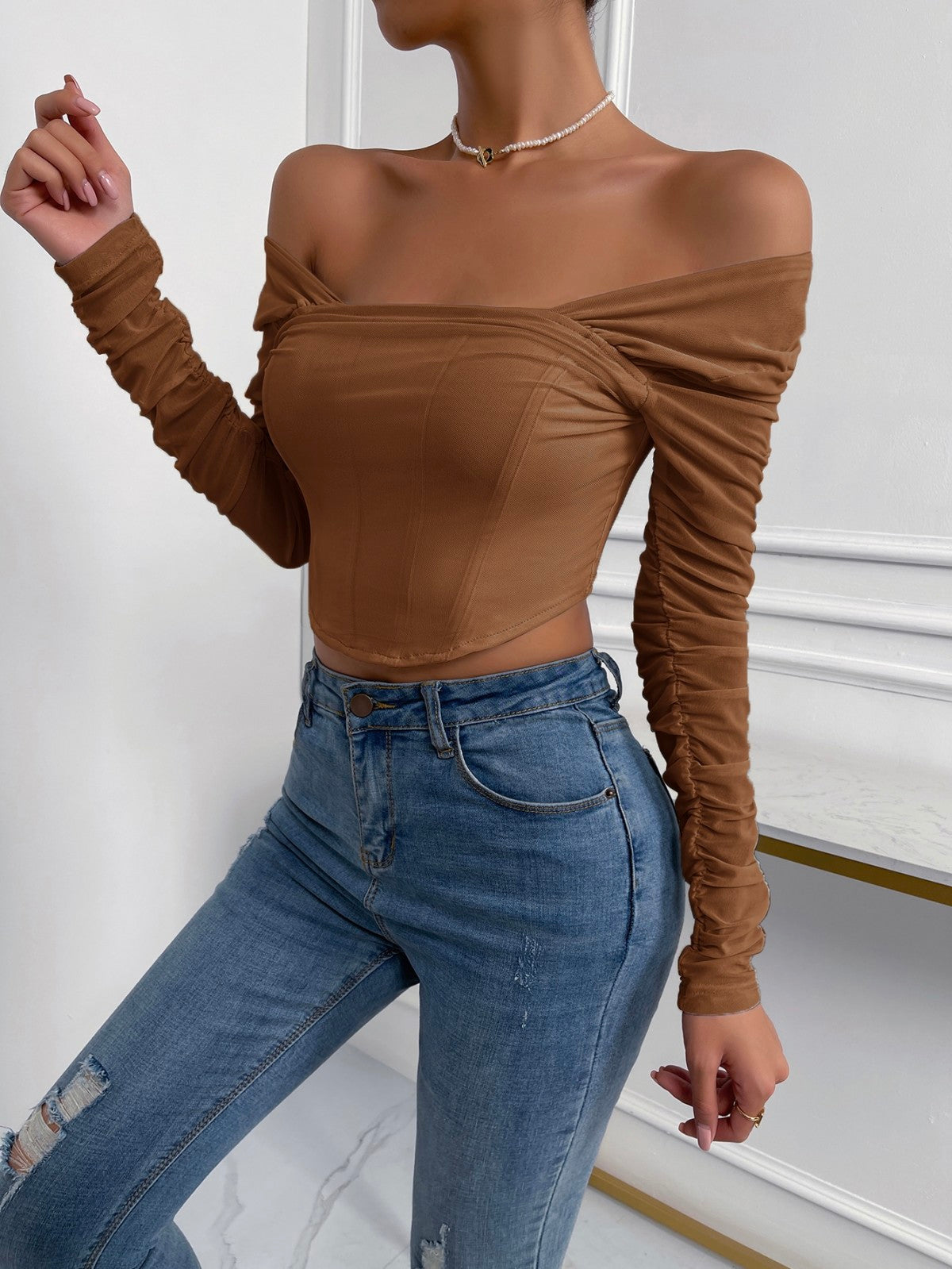 Off-Shoulder Mesh Sleeve Crop Top