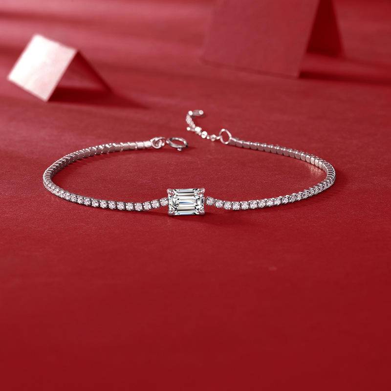 Rectangle-Shaped Sterling Silver Moissanite Charm Bracelet