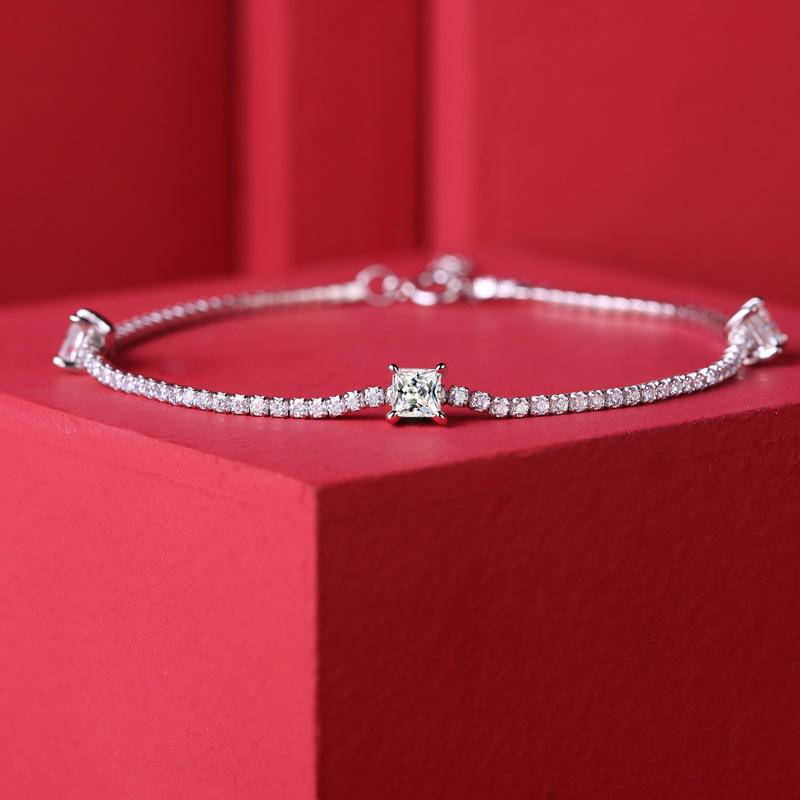 Sterling Silver Square-Shaped Moissanite Charm Bracelet