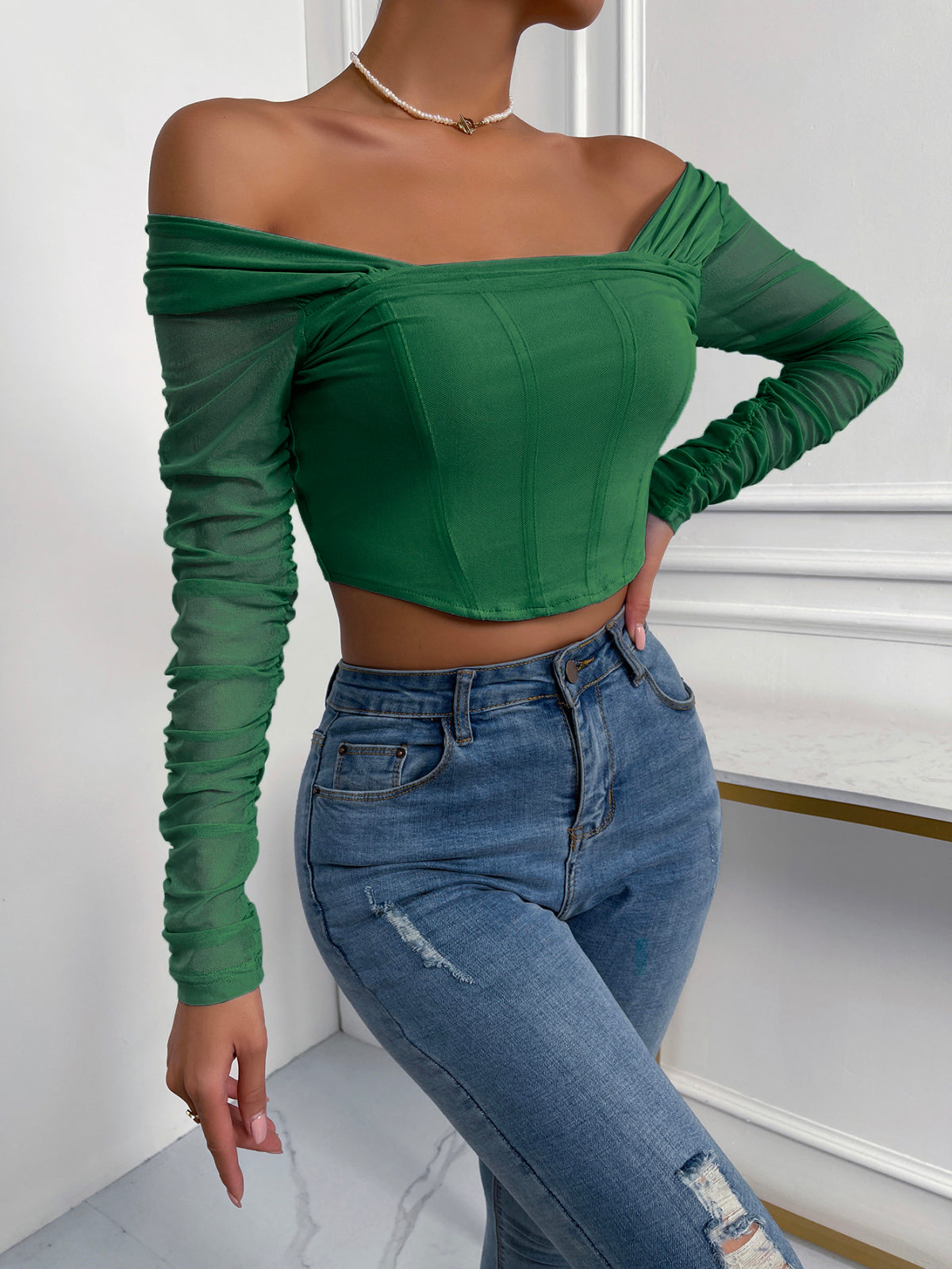 Off-Shoulder Mesh Sleeve Crop Top