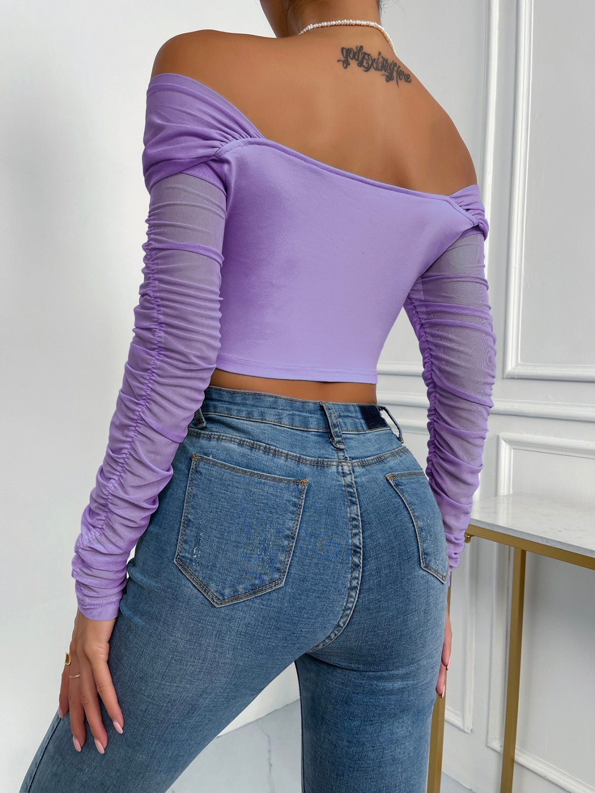 Off-Shoulder Mesh Sleeve Crop Top