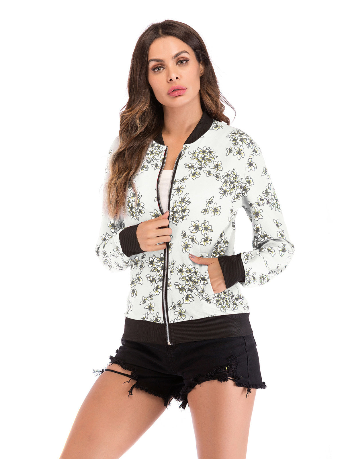 Floral Print Full Zip Baseball Jacket