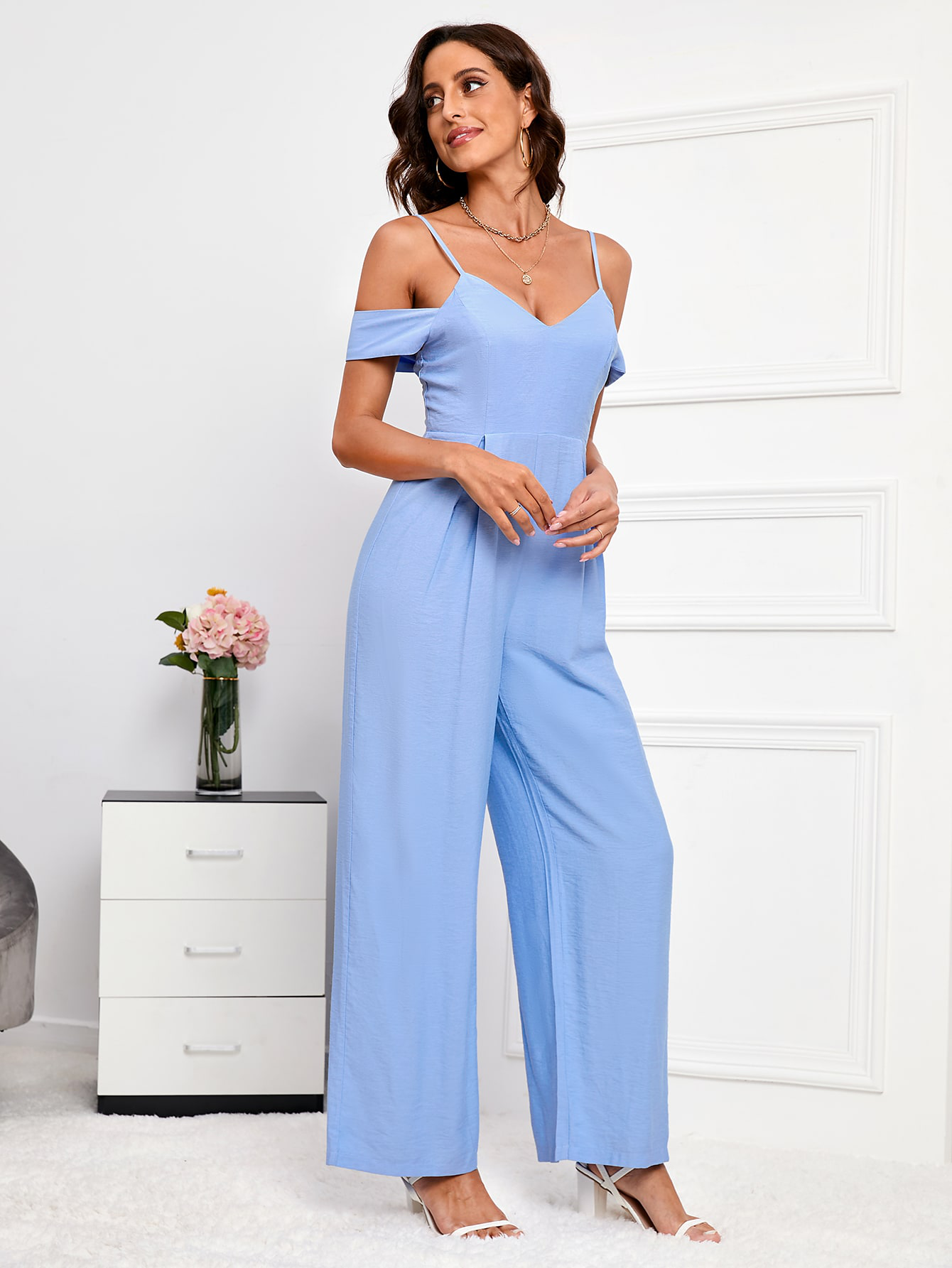 Pleated Off-Shoulder Tie Back Jumpsuit