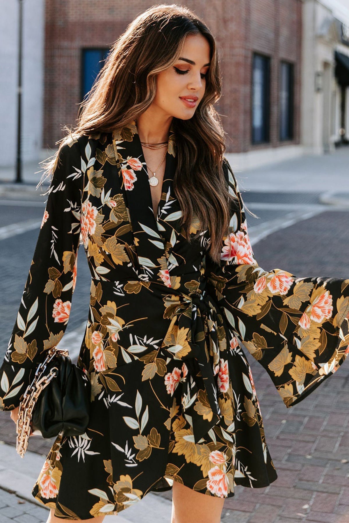 Black Palazzo Floral Ruffle Wrap Dress