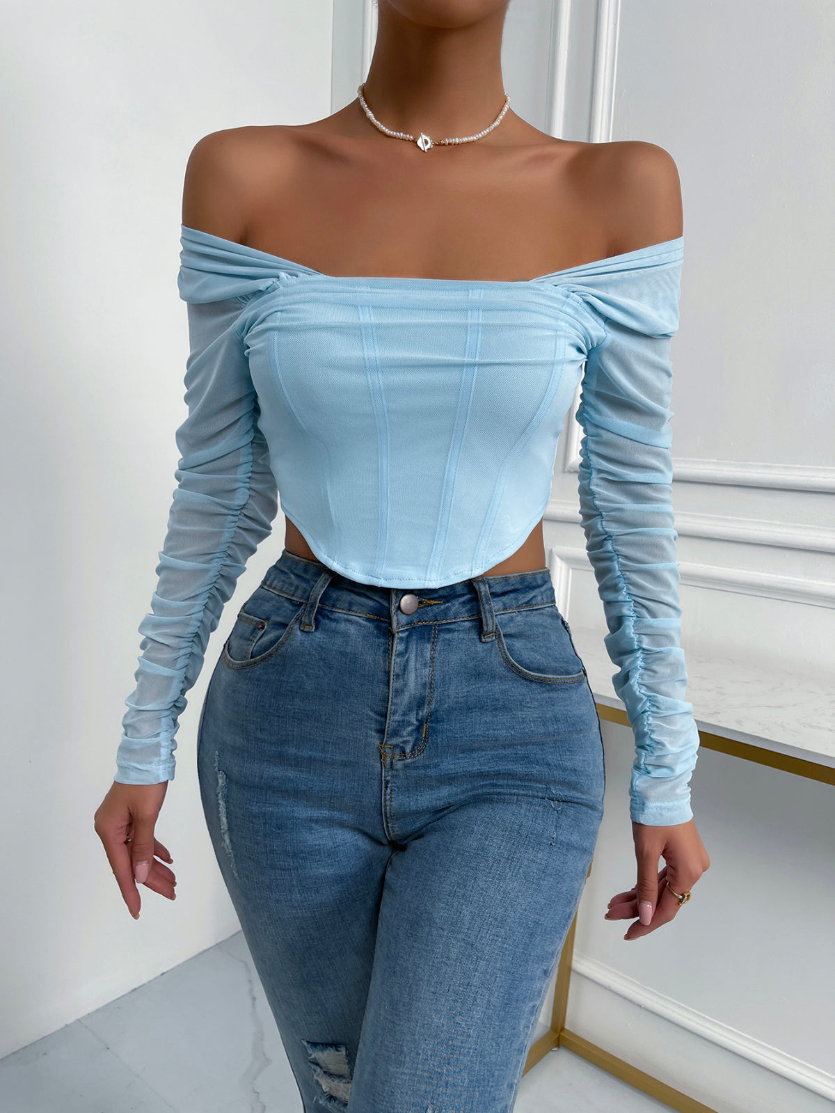 Off-Shoulder Mesh Sleeve Crop Top