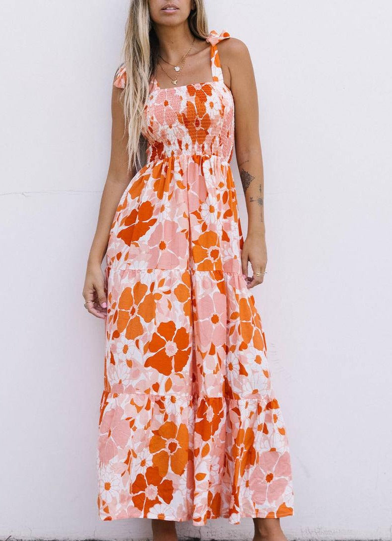 Shirred Tie Shoulder Strap Sleeveless Floral Maxi Dress