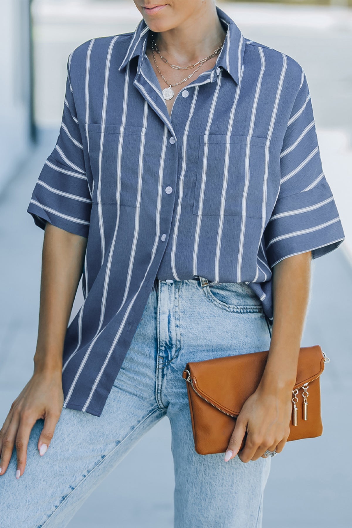 Button Up Collared Pocketed Striped Shirt