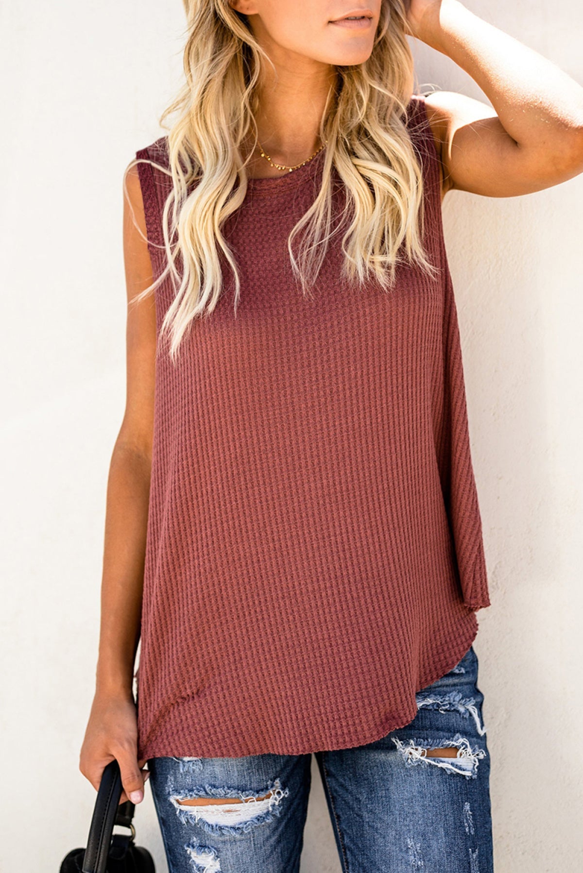 Crew Neck Waffle Tank Top