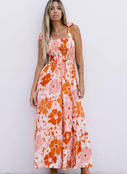 Shirred Tie Shoulder Strap Sleeveless Floral Maxi Dress