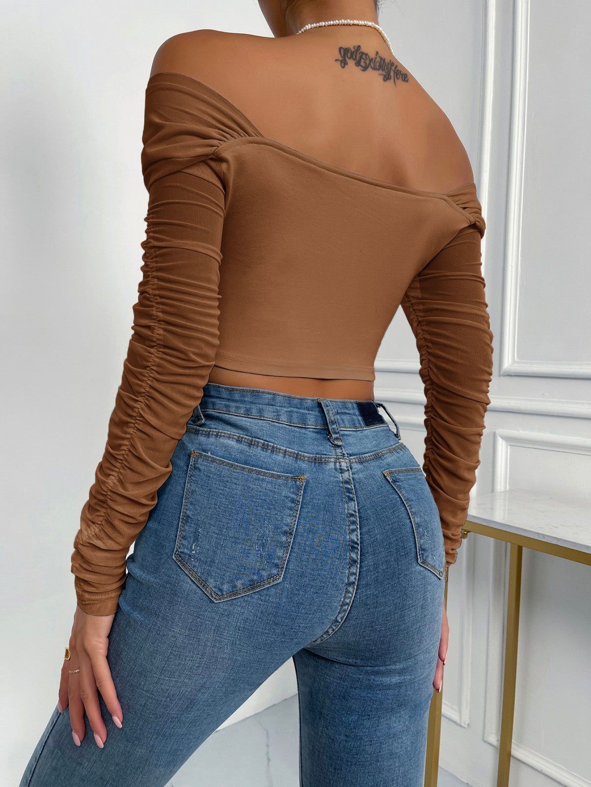 Off-Shoulder Mesh Sleeve Crop Top