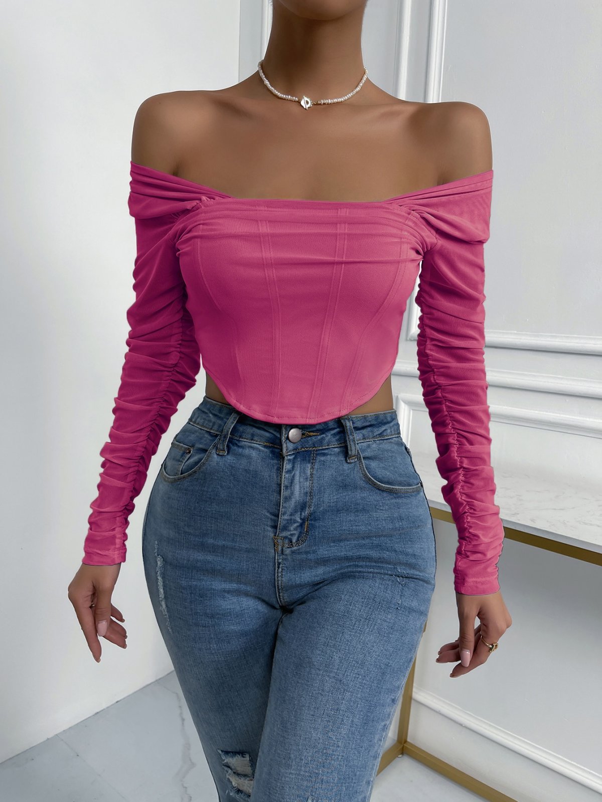 Off-Shoulder Mesh Sleeve Crop Top