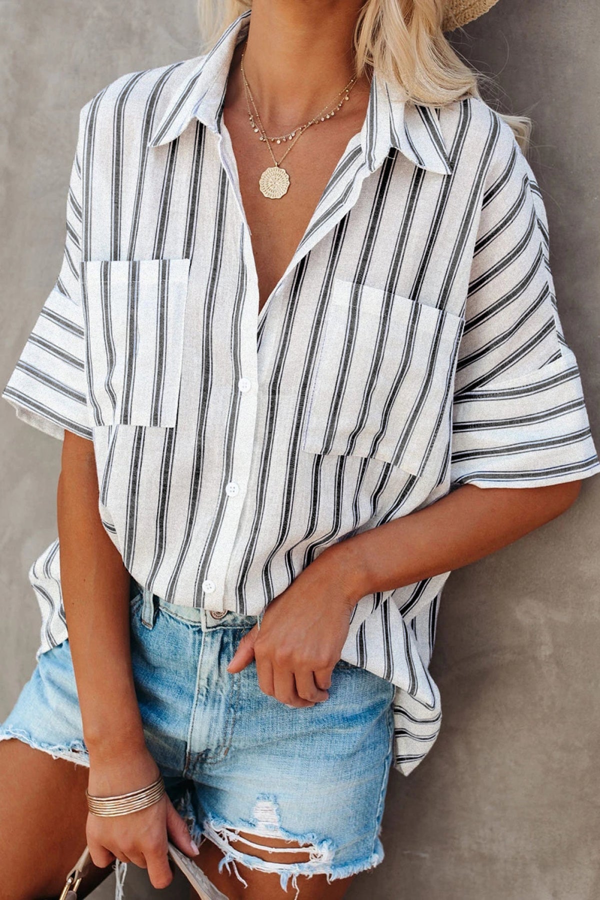 Button Up Collared Pocketed Striped Shirt