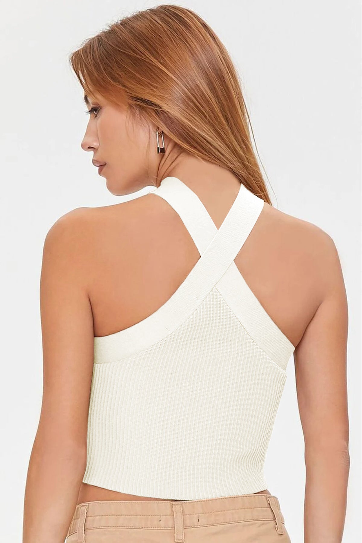 Ribbed Knit Criss Cross Halter Neck Tank Top