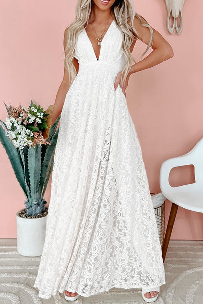 White Floral Lace Open Back Maxi Dress