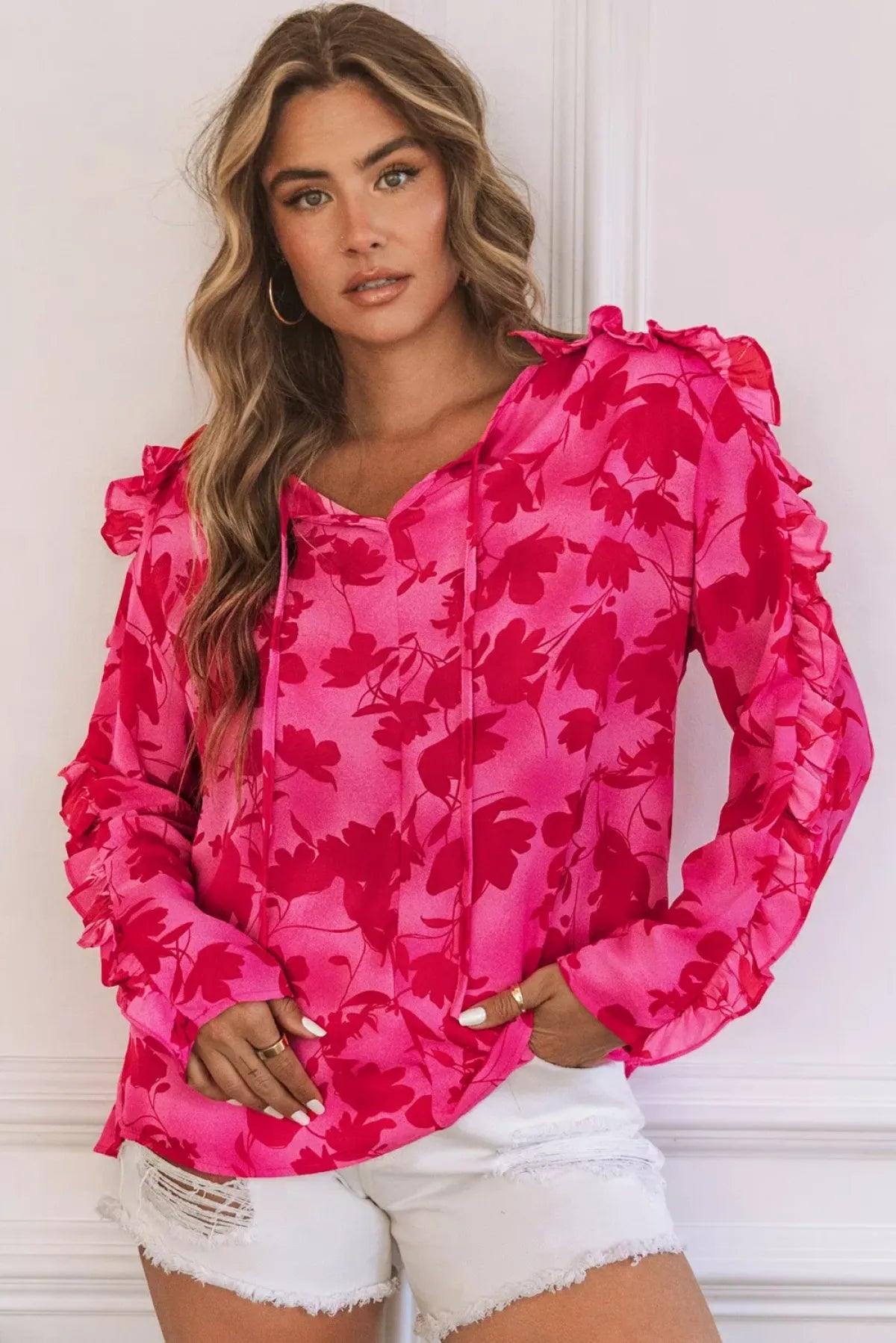 Rose Ruffled Floral Print Blouse