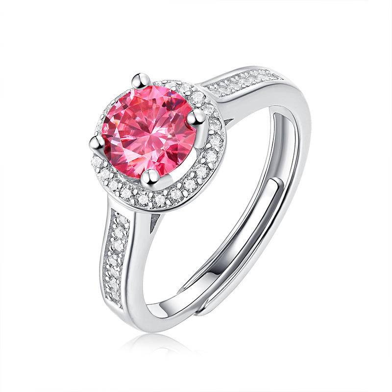 Pink Round-Shaped Sterling Silver Moissanite Adjustable Ring