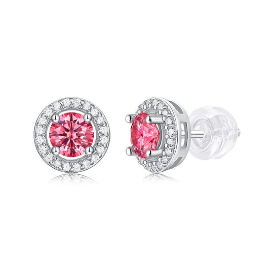 Pink Round-Shaped Sterling Silver Moissanite Stud Earrings