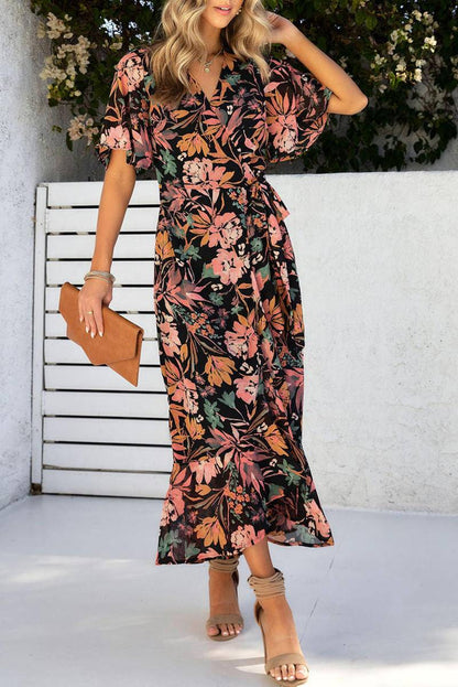 Floral Print Knotted Wrapped V Neck Maxi Dress